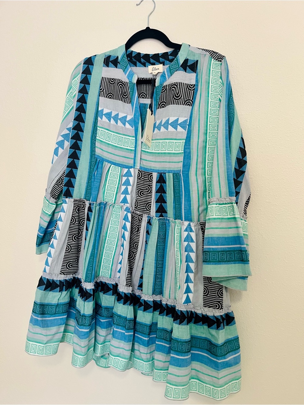 Elan Woman’s blue and green Boho Stripe Tiered Dress - Picture 4 of 8